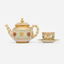 George Owen for Royal Worcester, Jeweled, reticulated and double-walled teapot and demitasse cup with saucer
