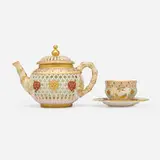George Owen for Royal Worcester, Jeweled, reticulated and double-walled teapot and demitasse cup with saucer