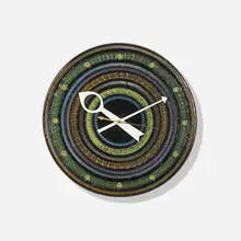 George Nelson & Associates, Meridian wall clock, model 7590, c. 1965, glazed stoneware, enameled aluminum, brass