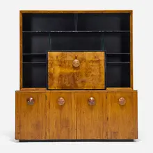 Gilbert Rohde, Paldao Group secretary cabinet, model 4105, 1941, paldao, walnut burl, lacquered wood, glass