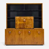 Gilbert Rohde, Paldao Group secretary cabinet, model 4105, 1941, paldao, walnut burl, lacquered wood, glass