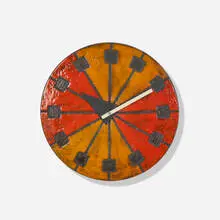 George Nelson & Associates, Meridian wall clock, model 7542, c. 1965, glazed stoneware, enameled aluminum