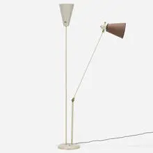 Modern, Articulating floor lamp, c. 1955, enameled steel, enameled aluminum, brass, cotton shade