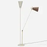 Modern, Articulating floor lamp, c. 1955, enameled steel, enameled aluminum, brass, cotton shade