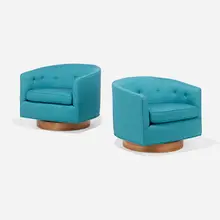 Milo Baughman, Swivel lounge chairs, pair, c. 1960, Knoll Aegean Hourglass upholstery, walnut veneer