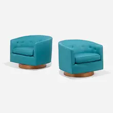 Milo Baughman, Swivel lounge chairs, pair, c. 1960, Knoll Aegean Hourglass upholstery, walnut veneer