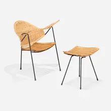 Arthur Umanoff, Armchair model SH-202 and ottoman, c. 1955, maple, caning, lacquered steel