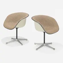 Charles and Ray Eames, Chairs, pair, 1961, Alexander Girard upholstery, molded plastic, enameled steel, aluminum