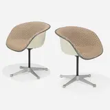 Charles and Ray Eames, Chairs, pair, 1961, Alexander Girard upholstery, molded plastic, enameled steel, aluminum