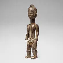 Dan, Standing female figure, painted and carved wood, beads, fibers