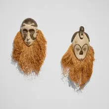 Gabonese, Masks, set of two, carved and painted wood, raffia