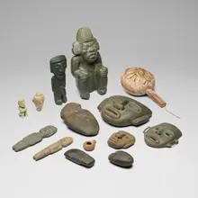 Pre-Columbian Style, Collection of fourteen objects, stone, dried gourd, wood, jute