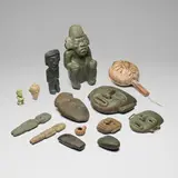 Pre-Columbian Style, Collection of fourteen objects, stone, dried gourd, wood, jute