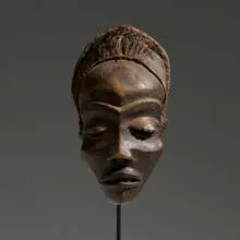 Chokwe, Mask, carved wood, raffia, cord