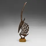 Bamana, Chi Wara (antelope headdress), carved wood, metal, cloth, cowry shells, rope, wicker