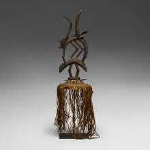 Bamana, Chi Wara (antelope headdress), carved wood, raffia, cord, wicker