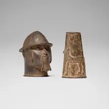 Benin, Head of a Portuguese soldier and cuff with leopard, bronze