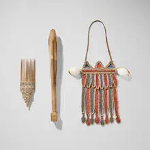 Papuan, Collection of three objects, carved wood, woven and painted fiber, shells