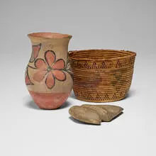 Native American, Collection of three objects, woven jute, painted terracotta, stone