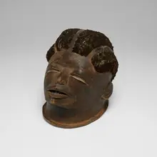 Makonde, Helmet mask, carved wood, hair