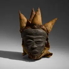 Pende, Mbuya mask, carved wood, fiber cloth, raffia, cord