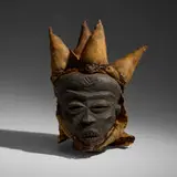 Pende, Mbuya mask, carved wood, fiber cloth, raffia, cord