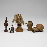 African, Collection of objects, carved wood, raffia, cloth, beads, iron, cord, paint, hair