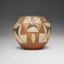 Polychrome olla with flowers by Acoma Pueblo, slip-decorated and painted earthenware, sold Aug 2026