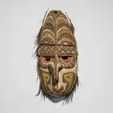 Sepik River, Ancestor mask, carved wood, pigment, feathers, plant fibers