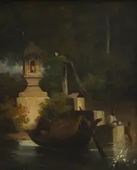 George Chinnery, Untitled, Figures with a sampan near a shrine in a wooded landscape oil on canvas 29 x 23.5cm
