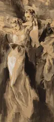 John La Gatta, Couple in evening ware, watercolor en grisaille on illustration board