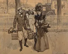 William Thomas Smedley, Couple returning from a trip, watercolor on watercolor board