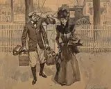 William Thomas Smedley, Couple returning from a trip, watercolor on watercolor board