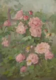 Edith White, Pink roses on a trellis, oil on canvas