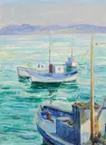 Lillie May Nicholson, Four boats at anchor with mountains beyond, oil on board
