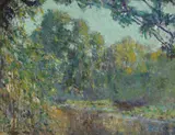 William Clapp, Wooded landscape with reflecting pond, oil on panel