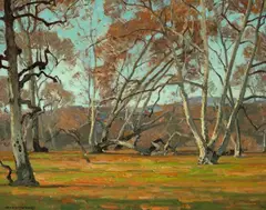 William Wendt, Sycamores and wild flowers, believed to be Irvine Park, oil on canvas