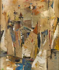 Rex Brandt, Gold and Brass (Boats in Newport Harbor), 1964, mixed media on board