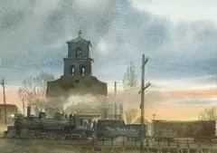 Ted Rose, Train passing a mission, 1984; Trains in a sunlit station, 1985; Two trains passing in winter (Yes, we have bananas), 1985; Train near a silo (The latter years), 1986 (group of four), first