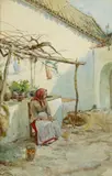 Colin Campbell Cooper, Lady seated near a well, 1890, watercolor on paper affixed to board