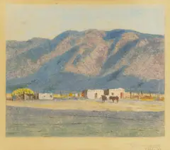 Oscar E. Berninghaus, Adobe houses, Taos, New Mexico, 1927; Mountain landscape with houses, Taos, New Mexico, 1927 (a pair), first