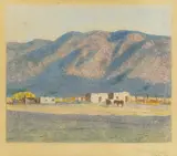 Oscar E. Berninghaus, Adobe houses, Taos, New Mexico, 1927; Mountain landscape with houses, Taos, New Mexico, 1927 (a pair)