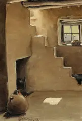 Louis Akin, Pu-hú-nim-ka's hearthstone, Oraibi, Arizona, 1904, oil on canvas affixed to board