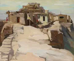John Christopher Smith, Pueblo scene, believed to be Acoma Pueblo, oil on masonite