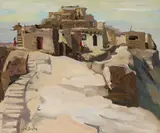 John Christopher Smith, Pueblo scene, believed to be Acoma Pueblo, oil on masonite