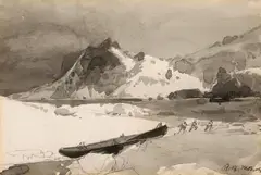 Iceberg and men pulling skiff by Thomas Moran, watercolor and pencil on paper, offered Aug 2010