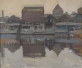 R.A. Ken Howard, A view of the River Thames; Aviators (double-sided), oil on canvas