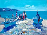 Nicola Simbari, Boats and figures on the shore, acrylic on canvas
