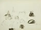 Jose Luis Cuevas, Untitled (14 sketches on study page)