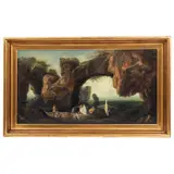 Anónimo, Paisaje con rocas y personajes, Óleo sobre tela